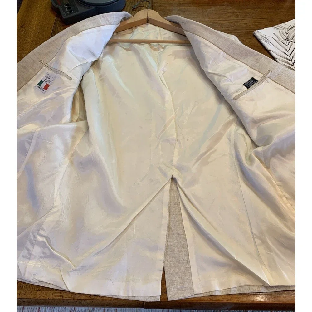 Vtg 70's Ernesto Bellini Linen Blazer Men's 44 Reg Beige Jacket 2 Button Lined